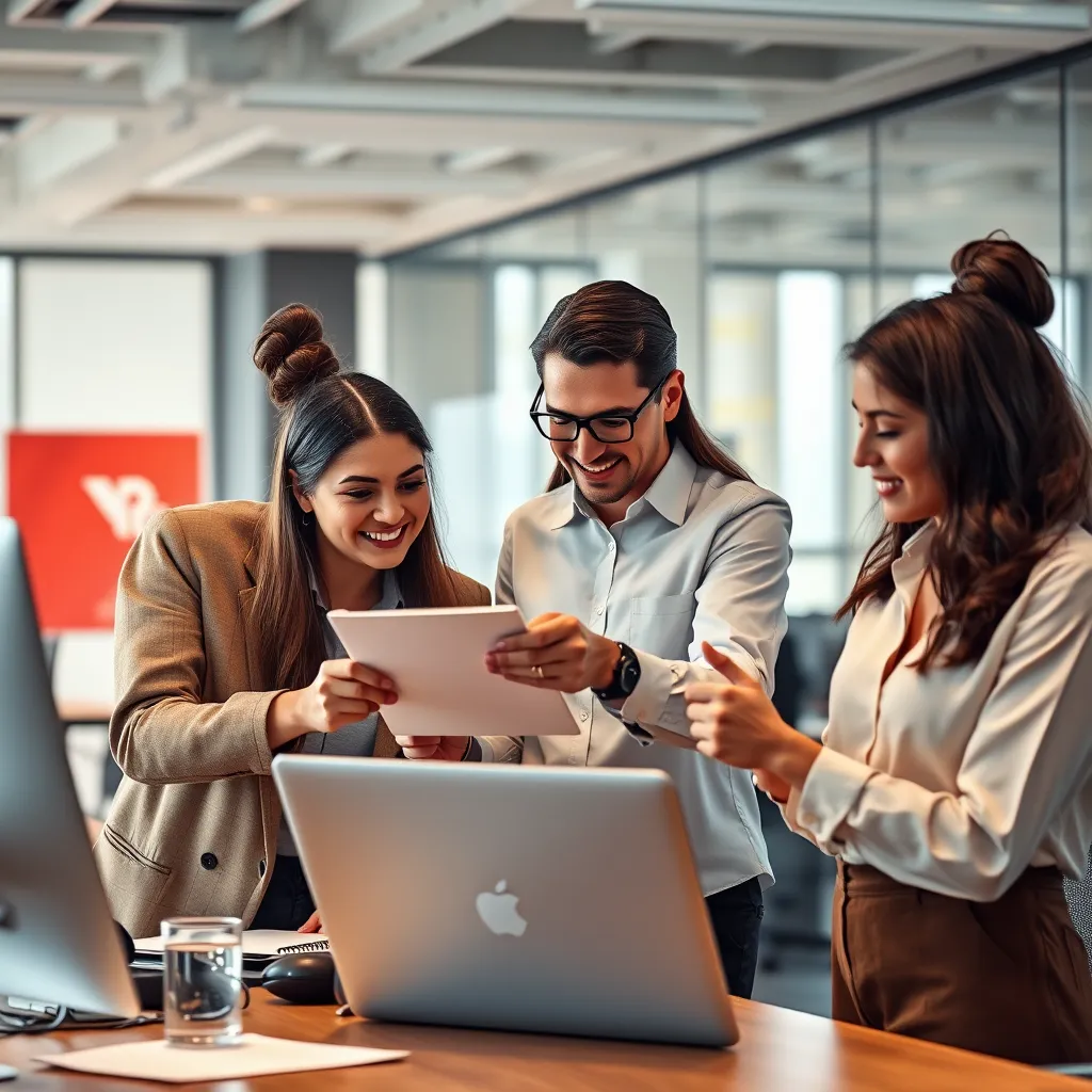 A team of business professionals collaborating on a project in a modern, innovative office space. They are using technology and engaging in hands-on activities, demonstrating a collaborative and dynamic approach. The image should reflect a positive and empowering environment where change and improvement are happening.